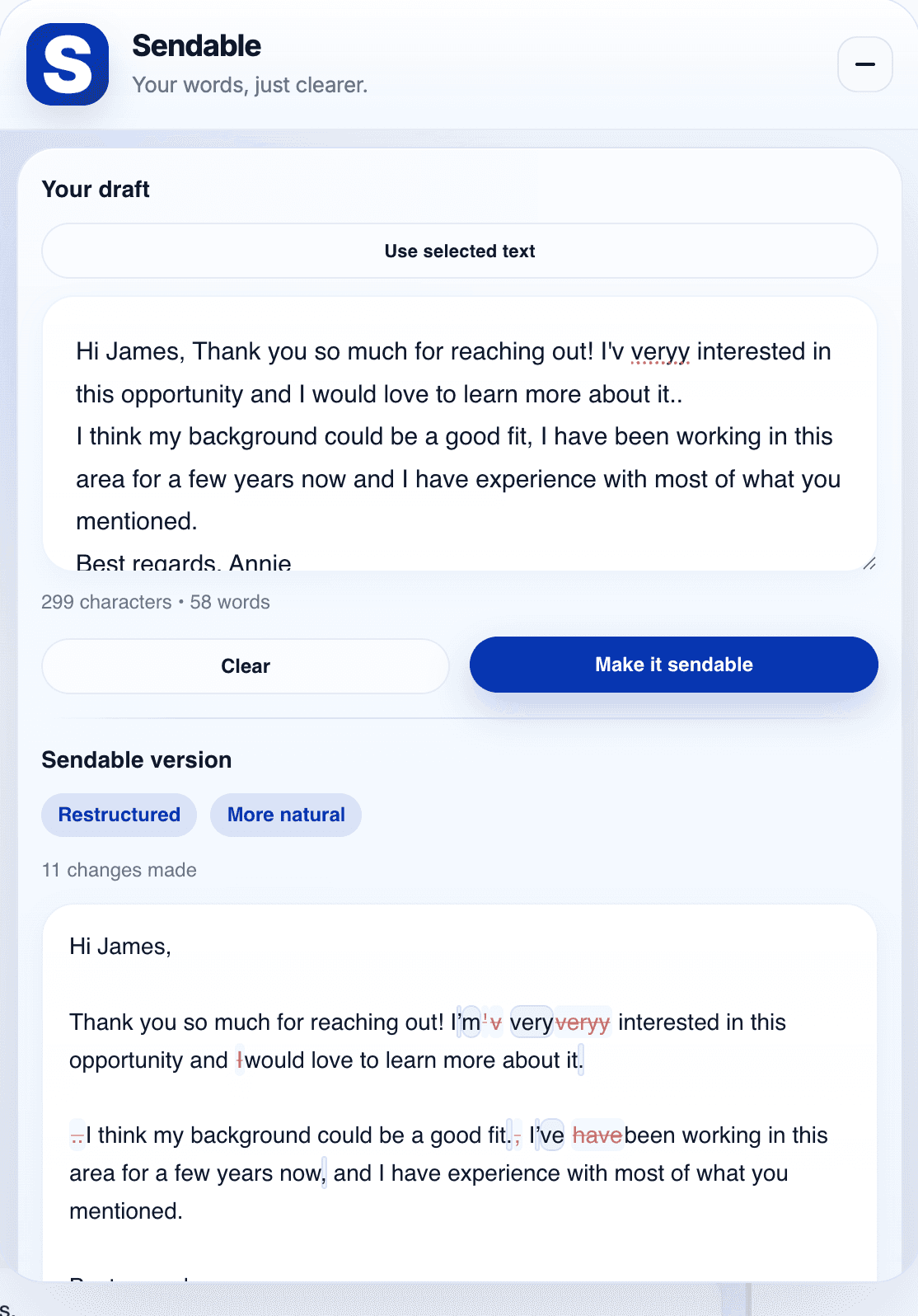 Sendable showing a draft and improved version in the editor